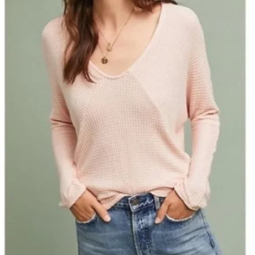 Anthropologie Soft Pink Long Sleeve Waffle Knit Tee